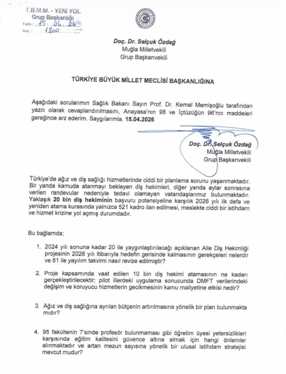 Selçuk Özdağ, Diş Hekimlerinin Atama Krizi Hakkında Önerge Verdi